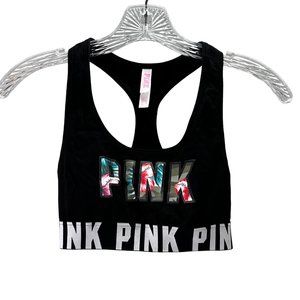 Victorias Secret Pink Sports Bra size S Black Tropical Spellout Hawaiian Crop